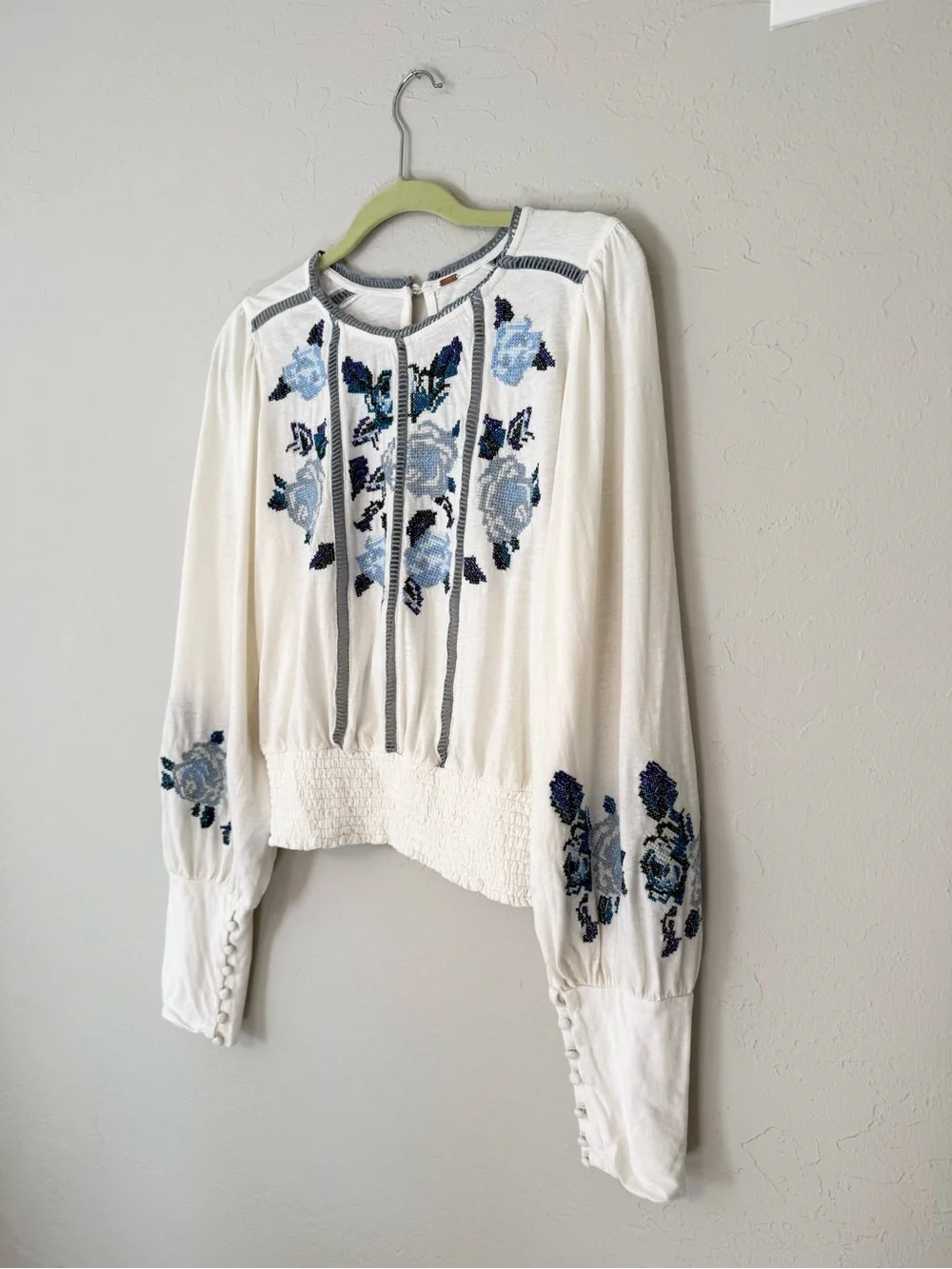 Free People Felicity Embroidered Smocked Boho Top Ivory Blue Size M